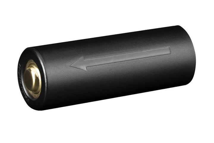 A black Fenix ALF-18 battery adapter designed to convert 18650 batteries to fit 21700 flashlights.