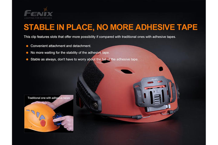 Fenix ALG-04 Helmet Clip being attached to a helmet with adhesive backing