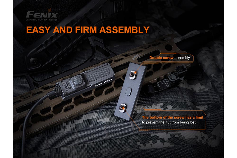 The rear side of the Fenix ALG-06 Remote M-Lok Rail Mount on a fabric bag