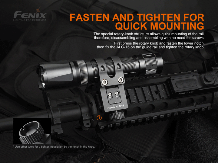 GIF showing the Fenix ALG-15 Tactical Rail Mount being attached and detached from a weapon