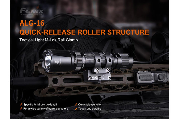 Fenix ALG-16 M-Lok Rail Mount used on a weapon with text explaining its quick-release design