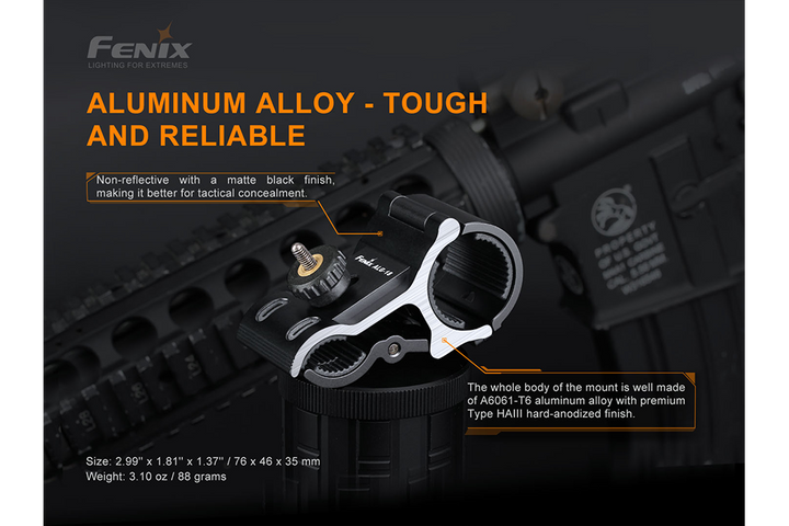 Fenix ALG-18 Flashlight Barrel Mount with text explaining its durability makeup