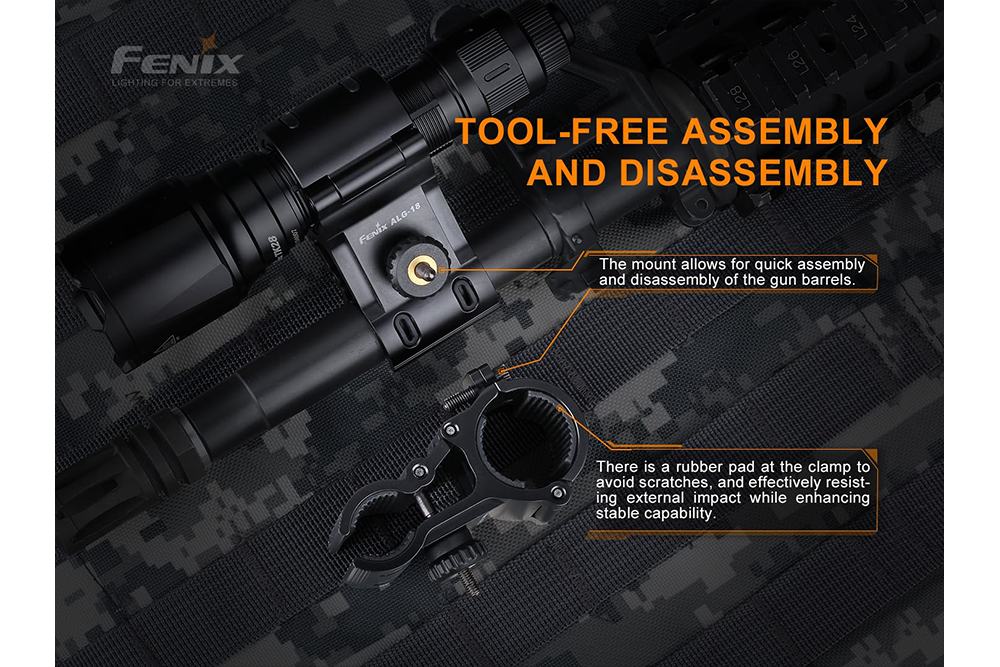 Fenix ALG-18 Flashlight Barrel Mount on camo background with text explaining its tool-free assembly