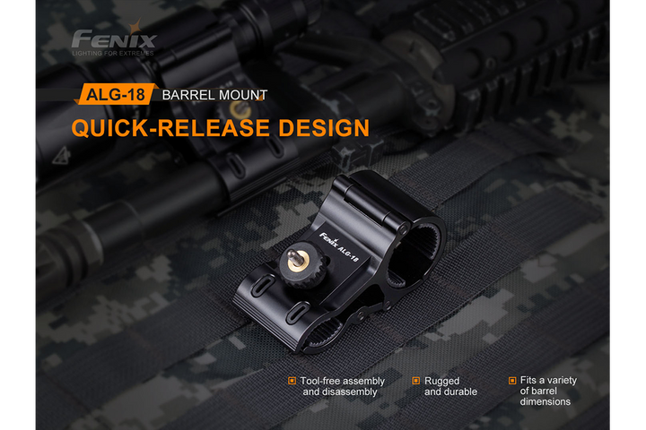 Fenix ALG-18 Flashlight Barrel Mount on camo background showing quick release design