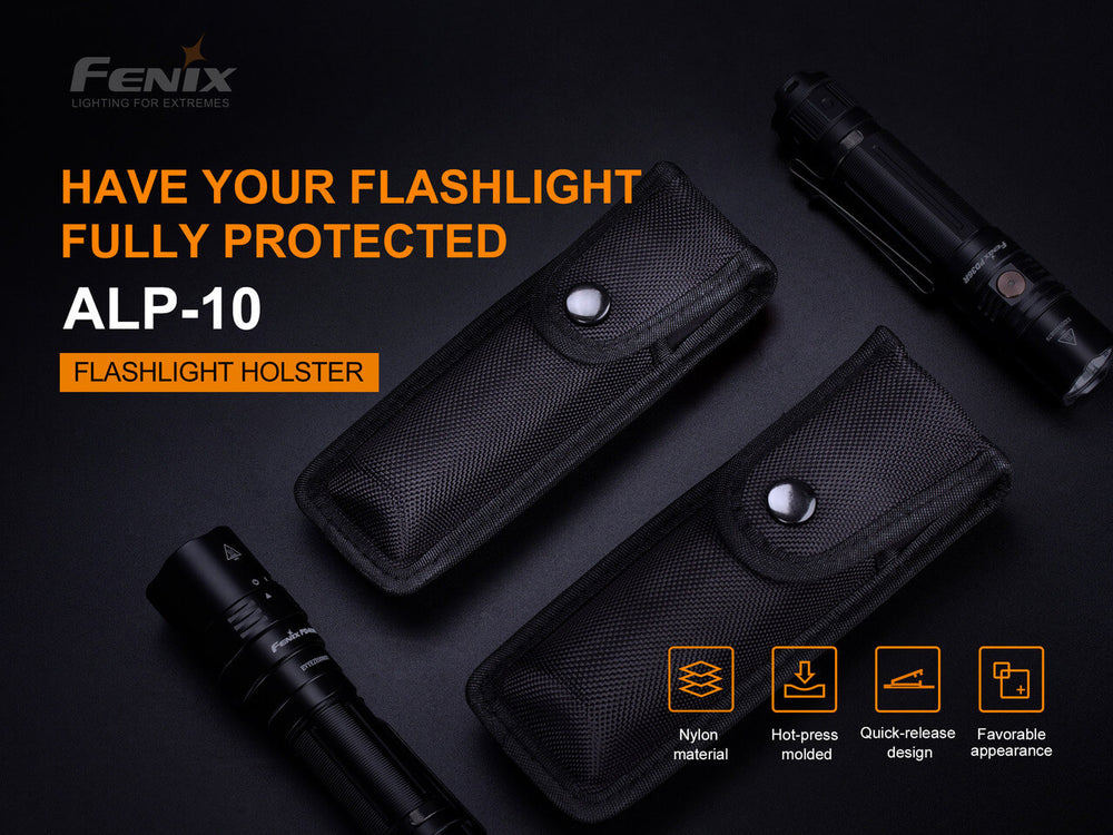 Fenix ALP-10 Flashlight Holster in two sizes with two flashlights on black surface