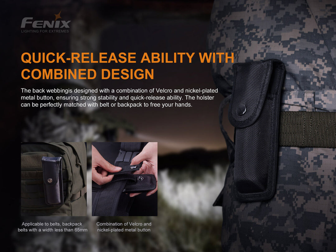 Fenix ALP-10 Flashlight Holster attached to a belt with text explaining its quick-release attachment feature