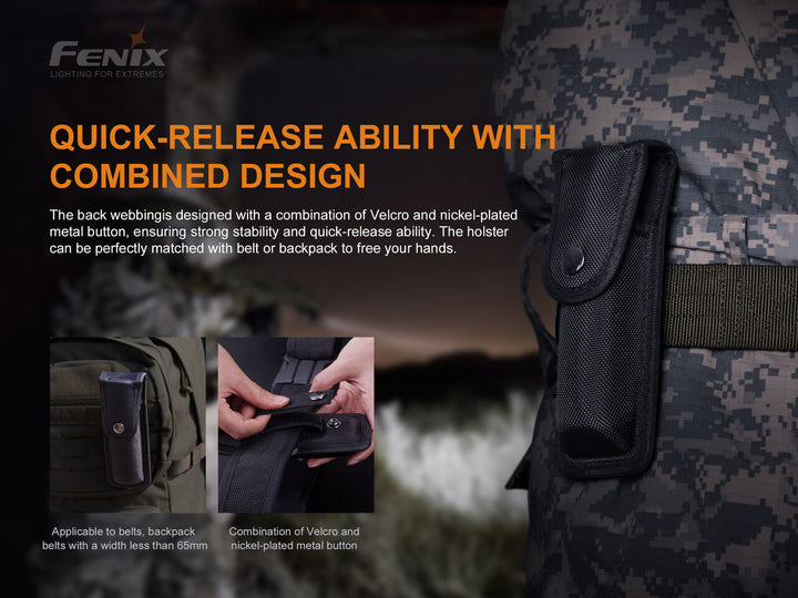Fenix ALP-10 Flashlight Holster attached to a belt with text explaining its quick-release attachment feature
