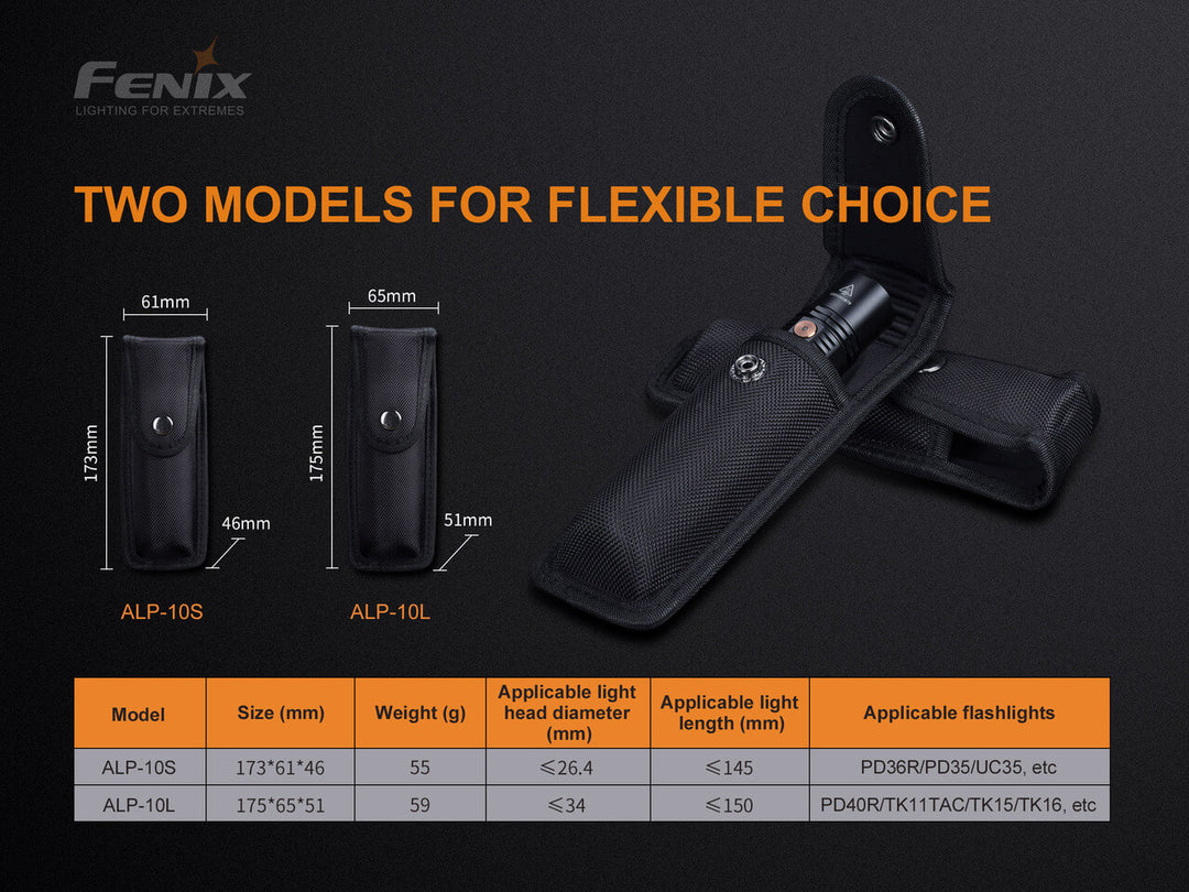 Chart showing the dimensions of the two sizes available for the Fenix ALP-10 Flashlight Holster 