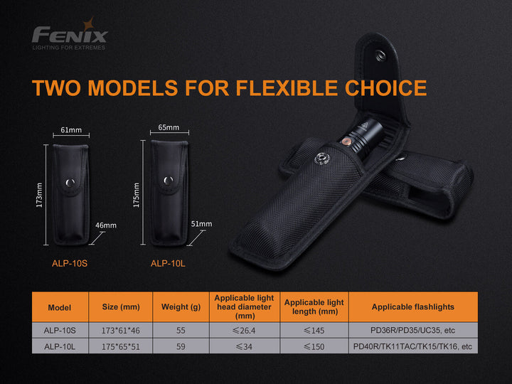 Chart showing the dimensions of the two sizes available for the Fenix ALP-10 Flashlight Holster 