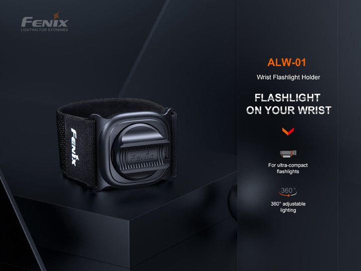 Fenix ALW-01 Wrist Flashlight Holster on a black surface with text