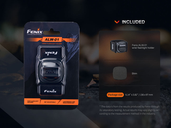 Fenix ALW-01 Wrist Flashlight Holster inside packaging with included accessories
