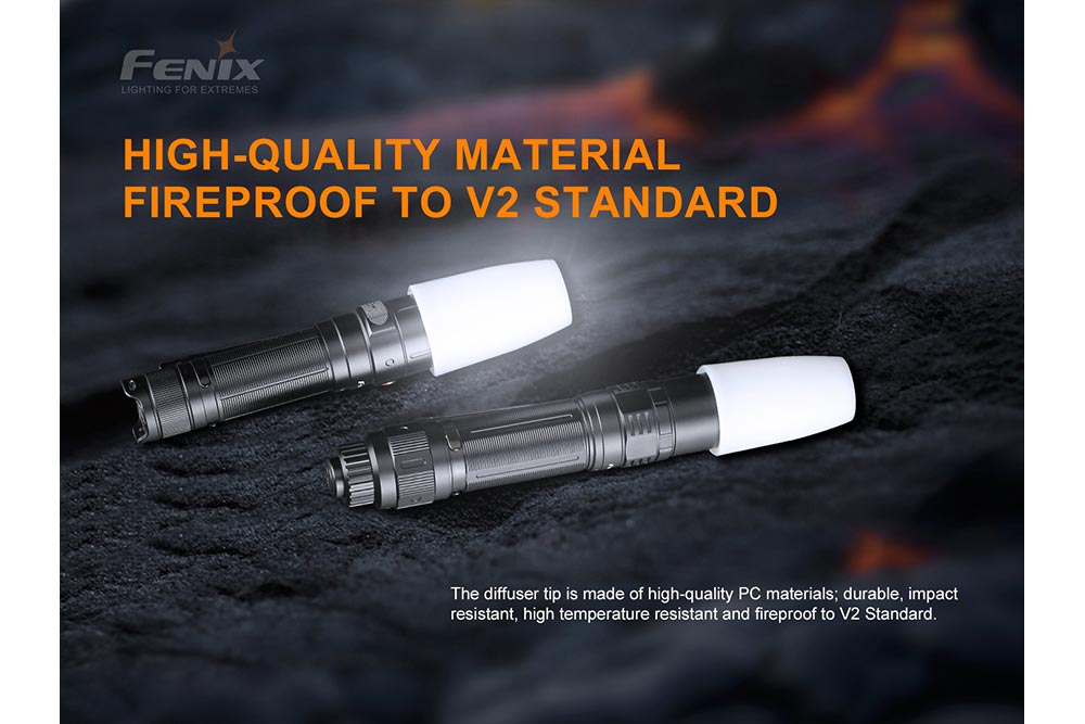 Fenix AOD-S V2 Diffuser on two different flashlights on a stone surface with flames in the background