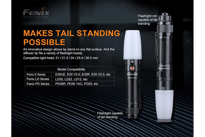 Fenix AOD-S V2 Diffuser used on two different flashlights to allow them to stand on end