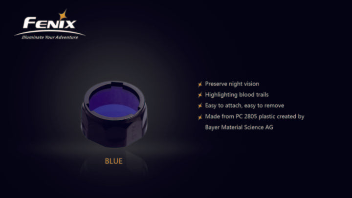 Fenix AOF-S+ filter adapter in blue with text