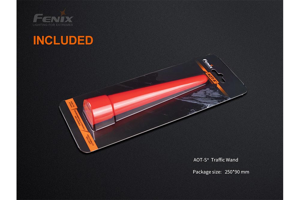 Fenix AOT-S+ Traffic Wand in packaging lying on a black background