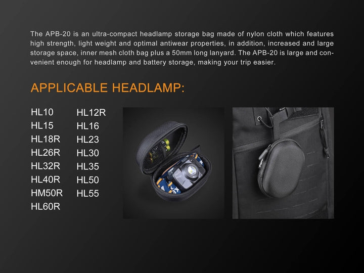 A list of flashlights compatible with the Fenix APB-20 headlamp storage bag 