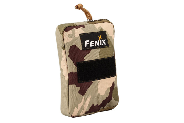A camouflage Fenix APB-30 headlamp storage bag with a visible logo, designed for organizing and protecting small accessories.
