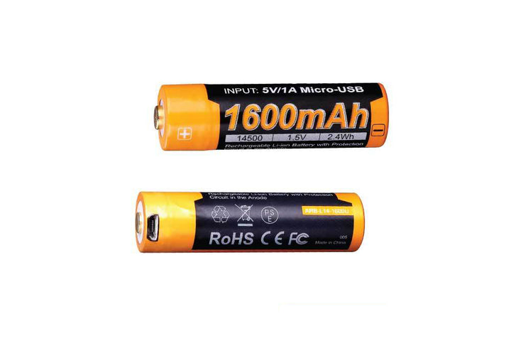 Two AA-sized rechargeable lithium-ion batteries with built-in micro USB ports and indication of 1600mAh capacity. One battery is oriented with the positive end up, and the other is oriented with the negative end up.