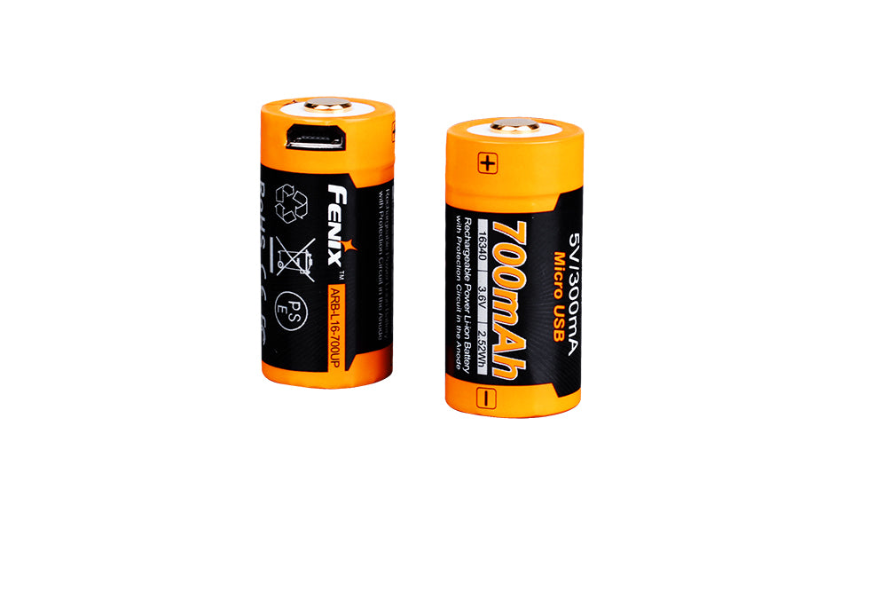 Two cylindrical Fenix ARB-L16-700UP batteries with orange and black color schemes, designed for rechargeable use.