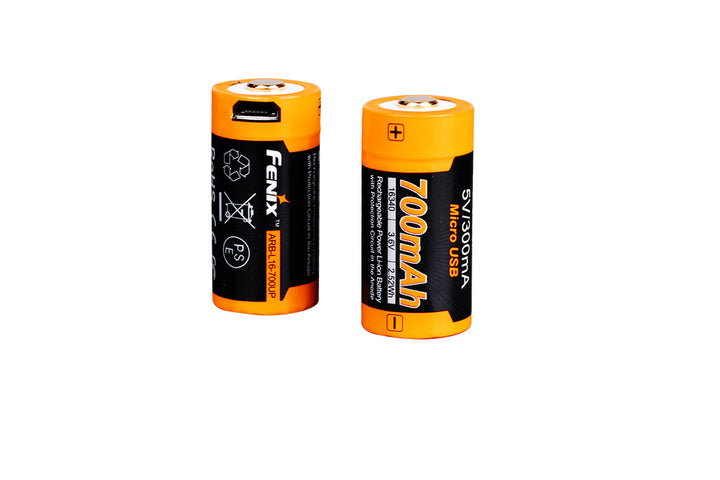 Two cylindrical Fenix ARB-L16-700UP batteries with orange and black color schemes, designed for rechargeable use.