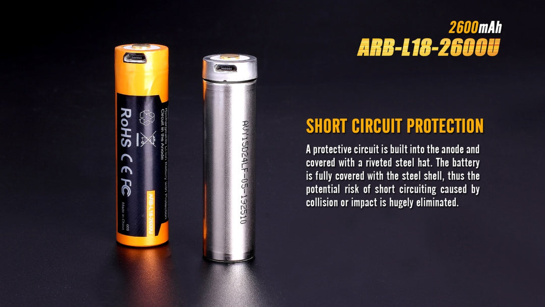 Fenix ARB-L18-2600U rechargeable battery with text showing its protection circuits