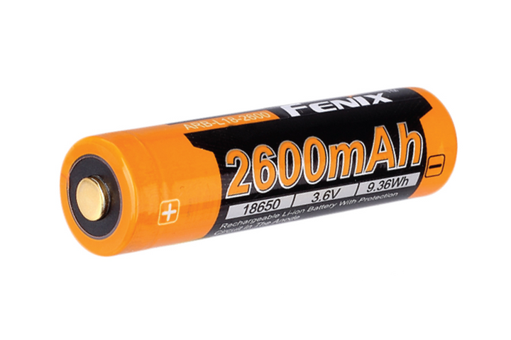 An orange Fenix ARB-L18-2600 Battery with a 2600mAh capacity rating, showing the brand name and battery model.