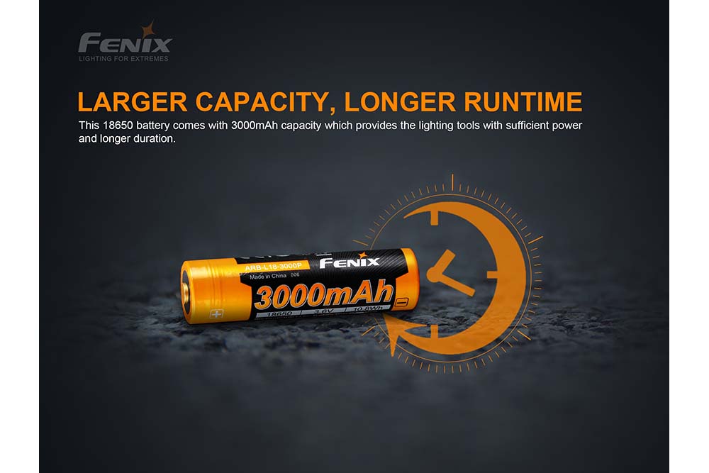 Fenix ARB-L18-3000P rechargeable battery with text showing its runtime