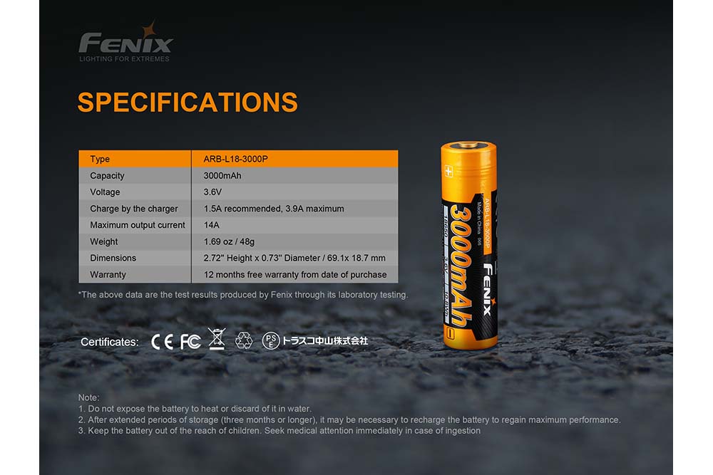 Fenix ARB-L18-3000P rechargeable battery specifications chart
