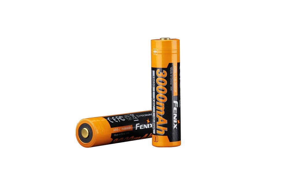 Two Fenix ARB-L18-3000P rechargeable Li-ion batteries with orange and black coloring and brand name printed on them.