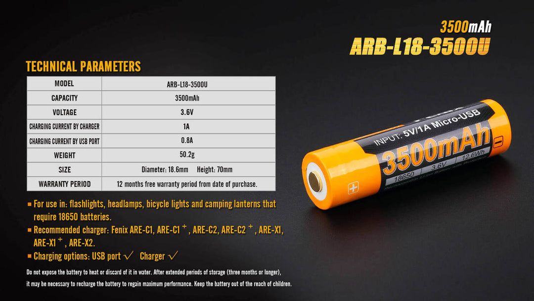 Fenix ARB-L18-3500U rechargeable battery technical parameters chart