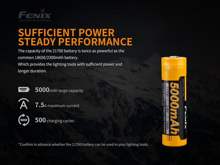 Fenix ARB-L21-5000 21700 rechargeable Li-ion battery with text details