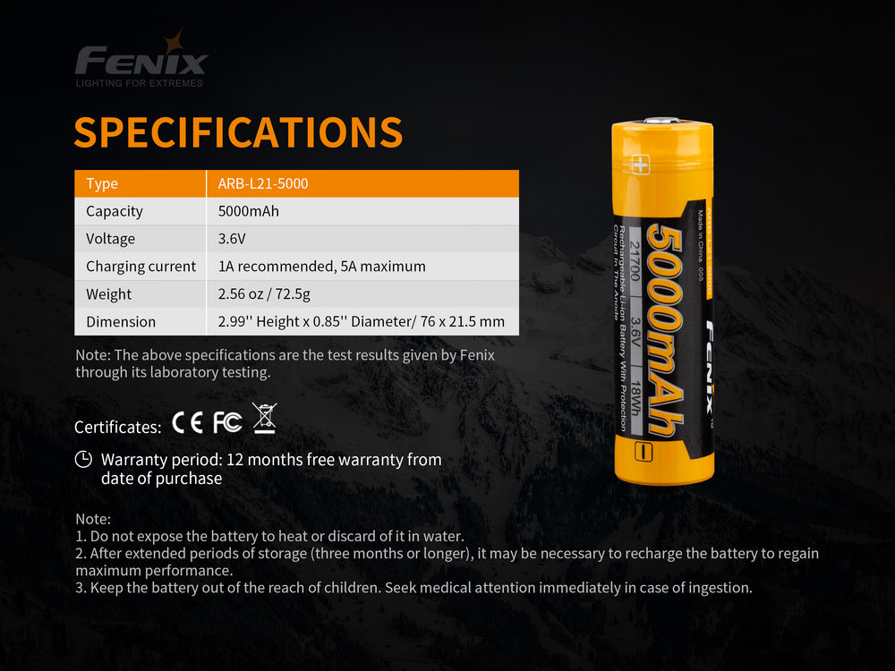 Fenix ARB-L21-5000 21700 rechargeable Li-ion battery specifications chart
