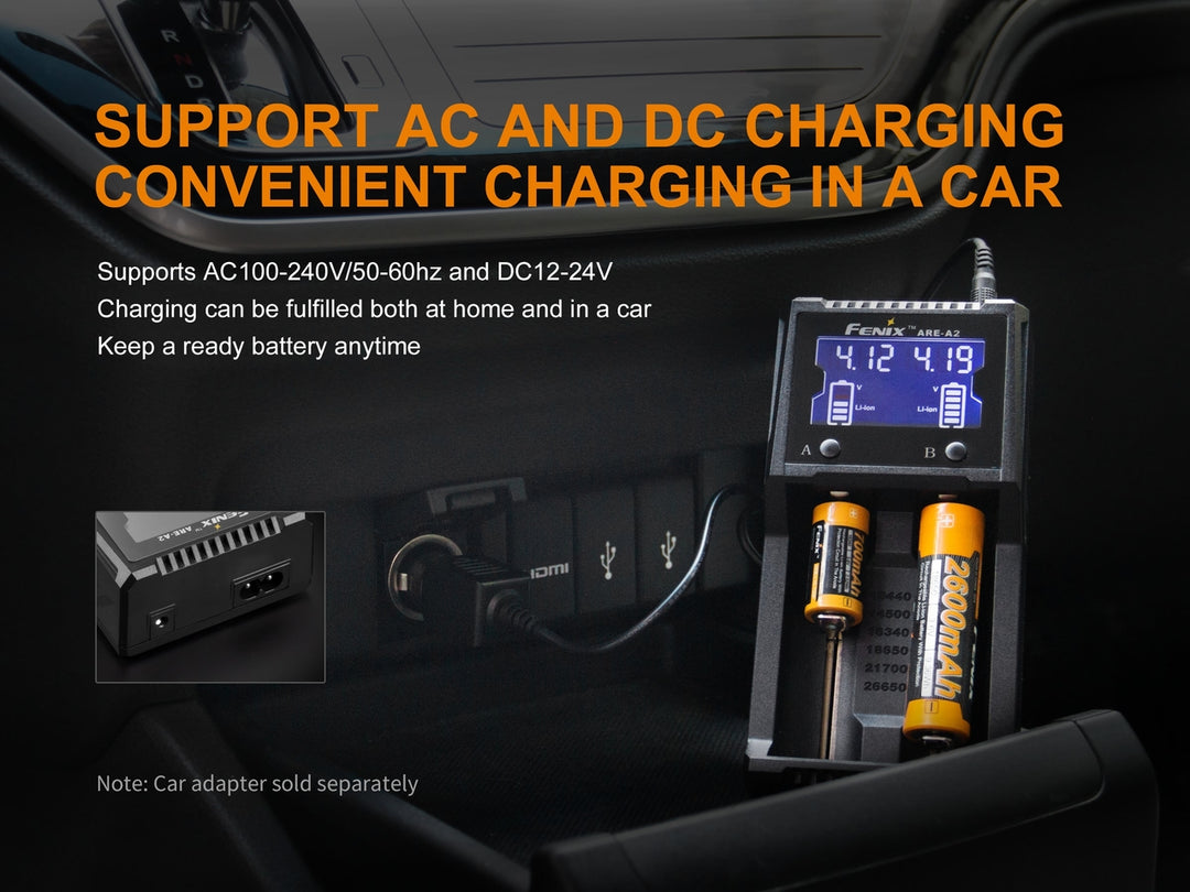 Fenix ARE-A2 battery charger charging batteries inside a vehicle