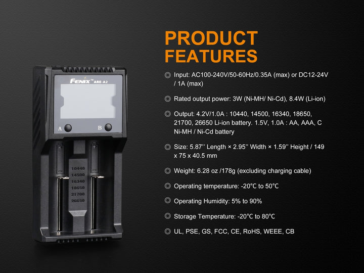 Text explaining the product features of the Fenix ARE-A2 battery charger 