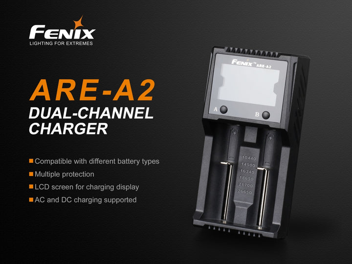 Fenix ARE-A2 battery charger on black background with title text