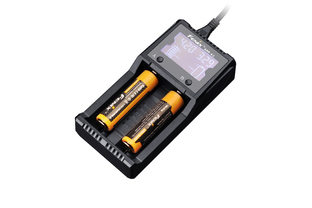 A black Fenix ARE-A2 dual-channel battery smart charger with an LCD screen displaying battery information, and two batteries inserted.