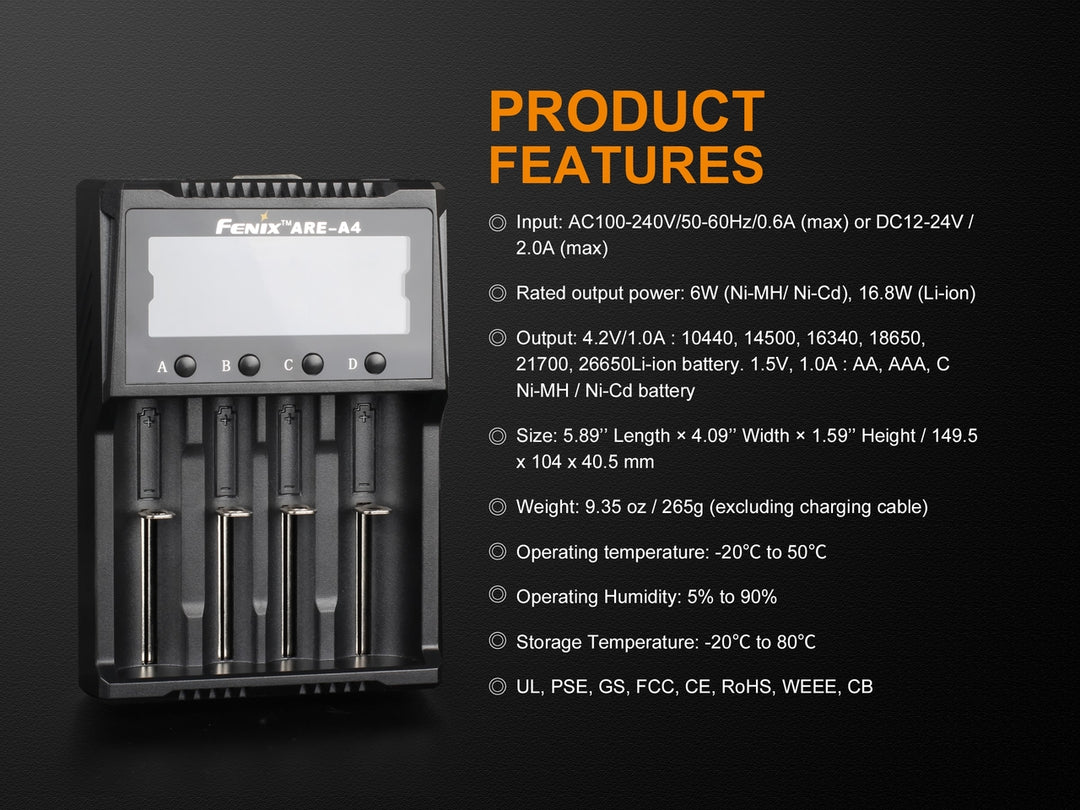 Text explaining the features of the Fenix ARE-A4 battery charger 