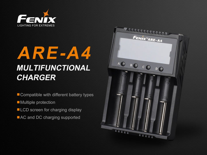 Fenix ARE-A4 battery charger on black background with text