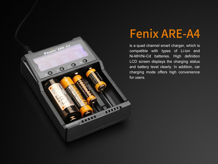 Fenix ARE-A4 battery charger with different batteries charging on a black background