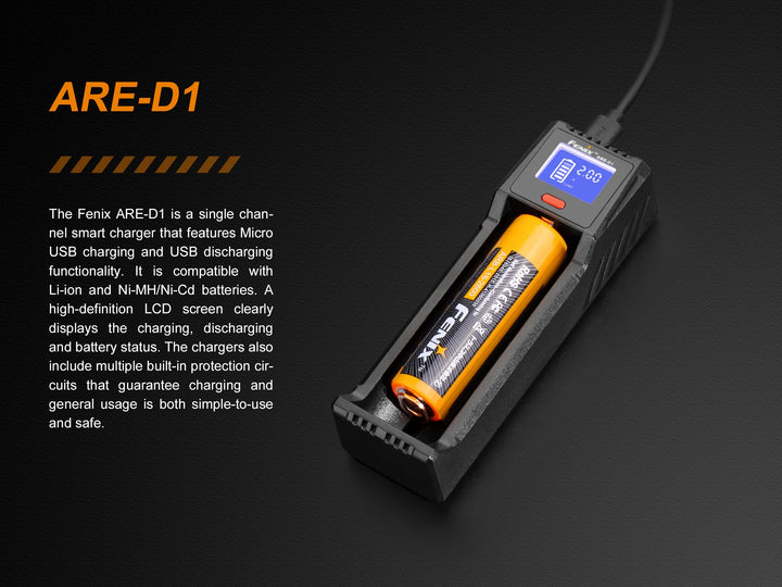 The Fenix ARE-D1 battery charger charging a battery.