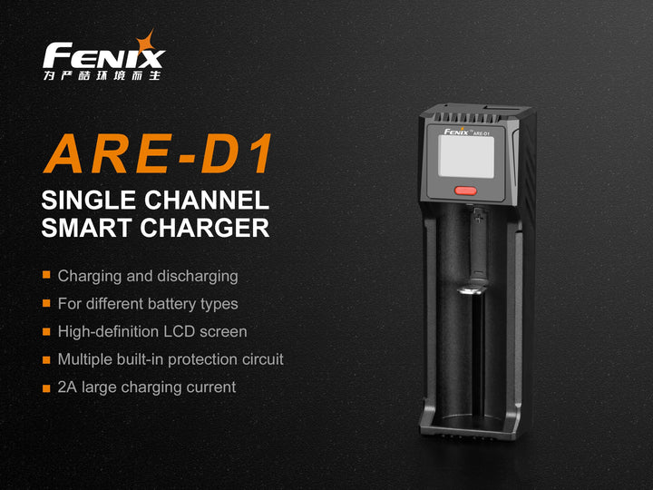 Fenix ARE-D1 battery charger on black background with text