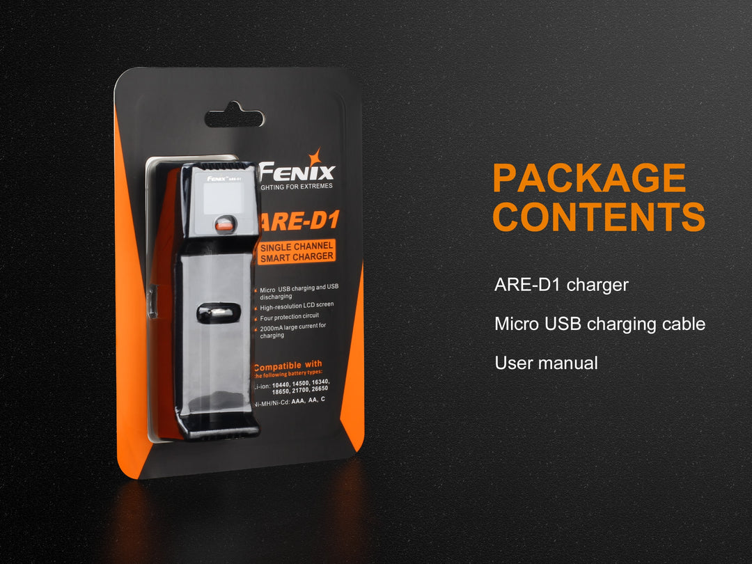 The product packaging for the Fenix ARE-D1 battery charger along with text explaining what is in the package