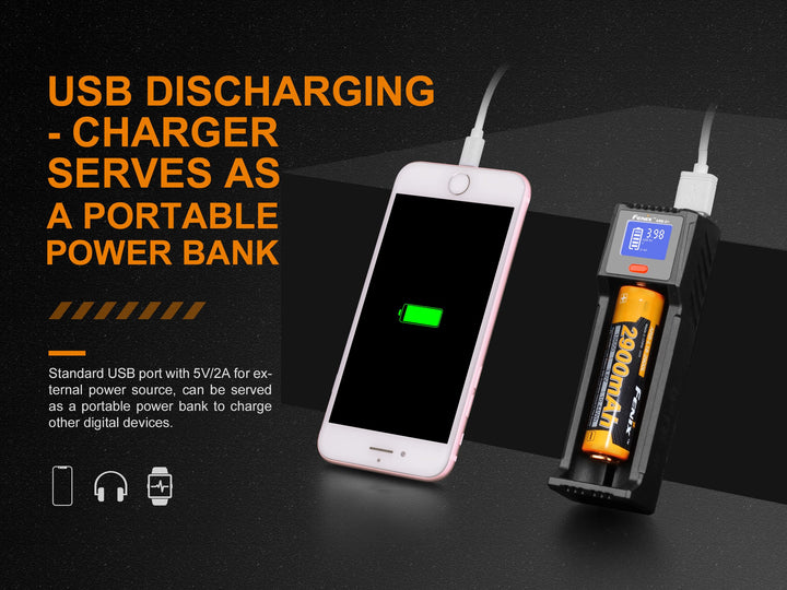 Fenix ARE-D1 battery charger plugged into a cell phone to charge the phone
