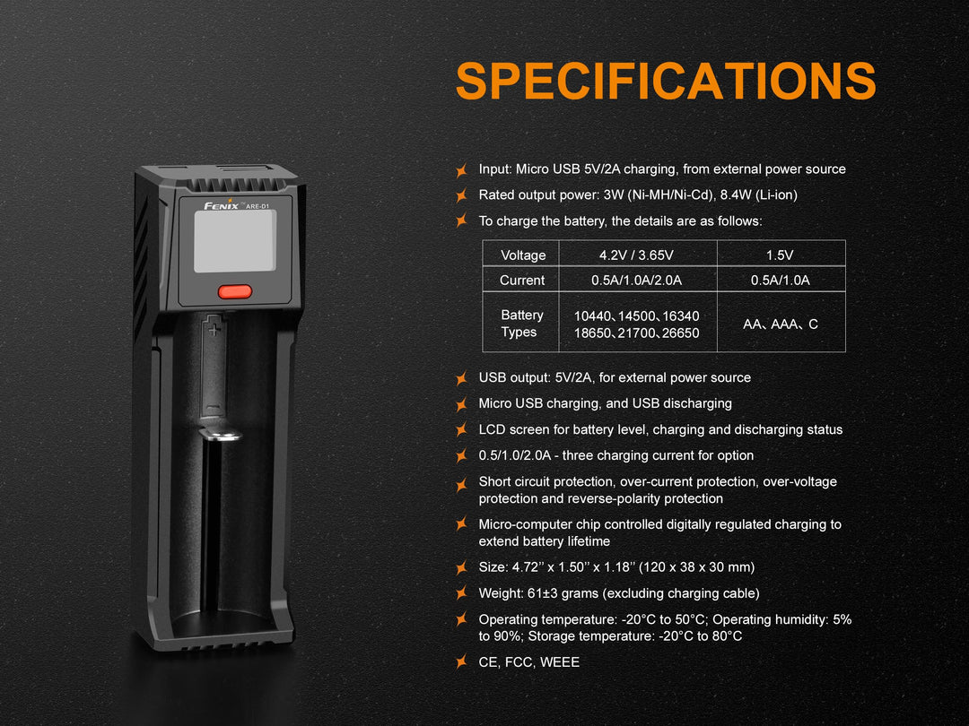 Text discussing the specifications of the Fenix ARE-D1 battery charger 