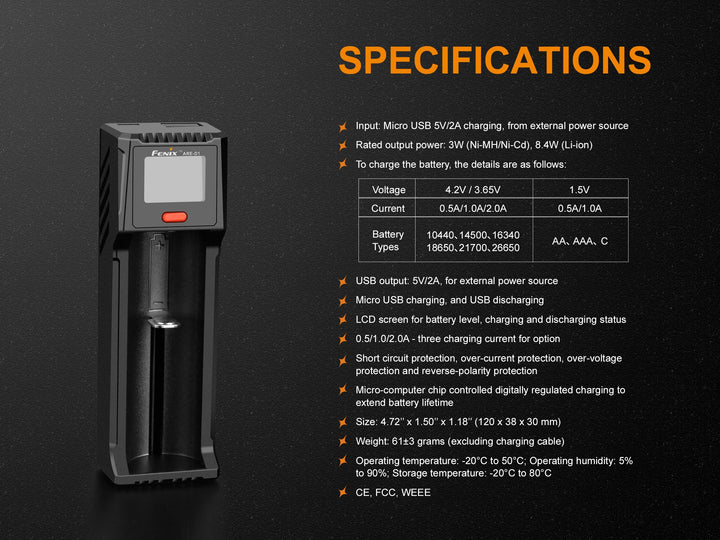 Text discussing the specifications of the Fenix ARE-D1 battery charger 