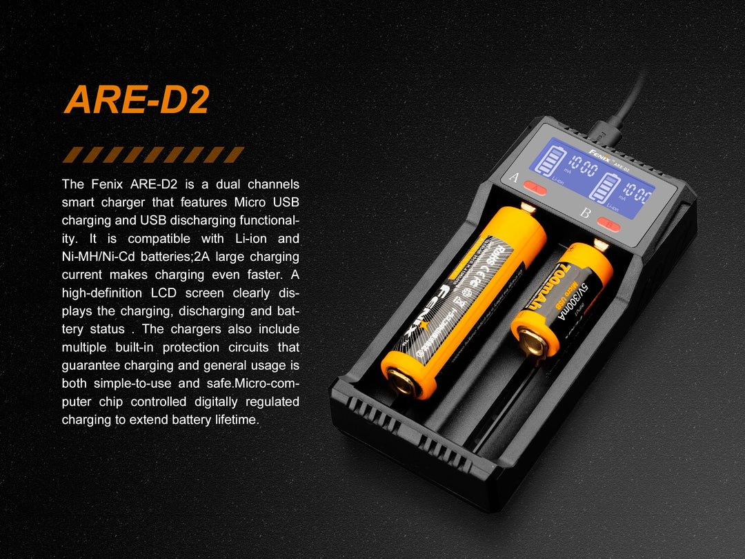 Fenix ARE-D2 battery charger with explaining text