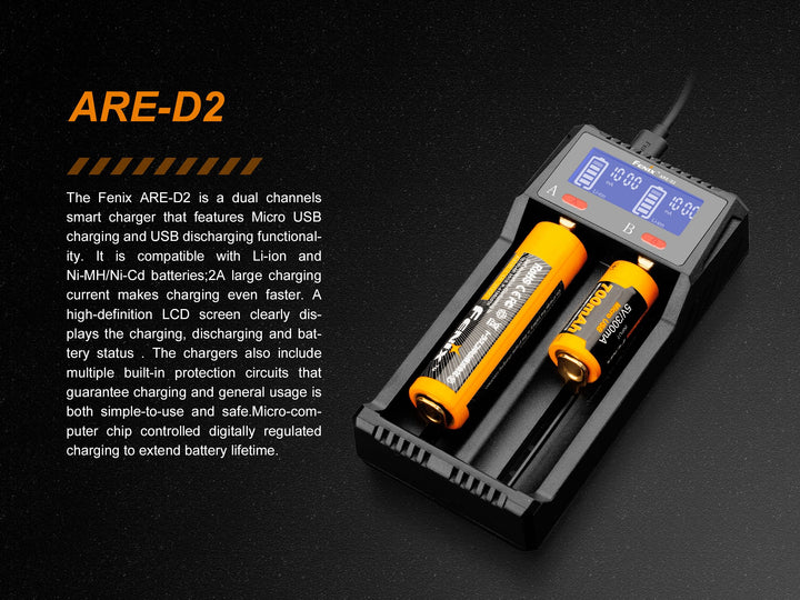 Fenix ARE-D2 battery charger with explaining text