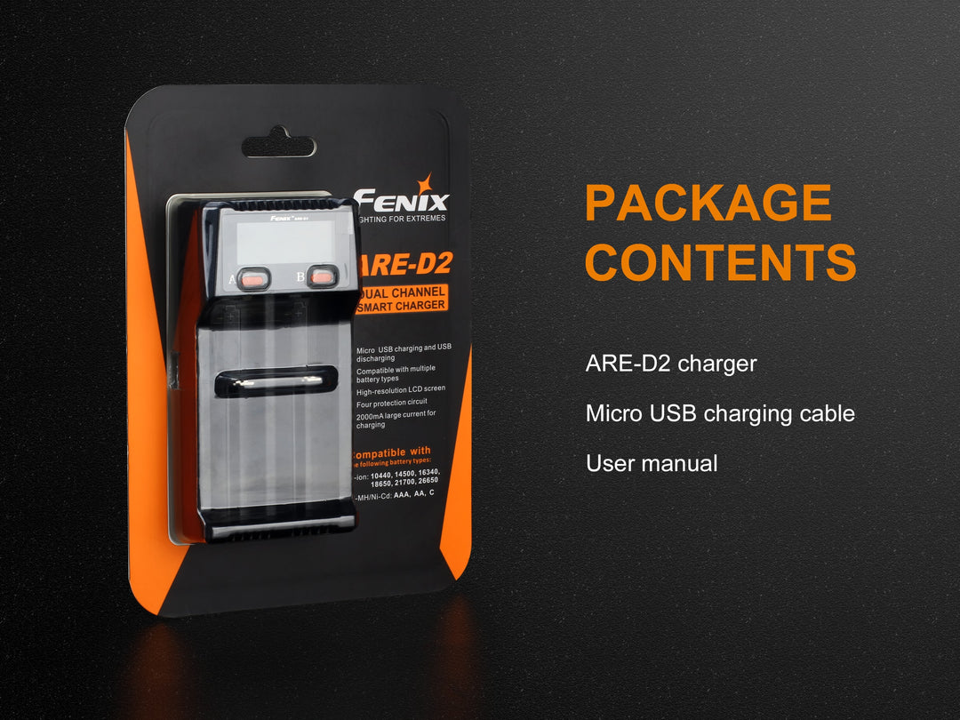 Fenix ARE-D2 battery charger in package on black background