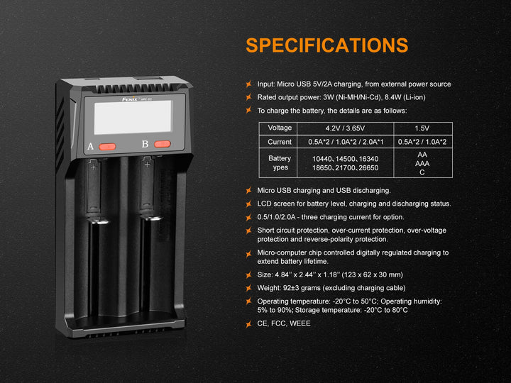 Fenix ARE-D2 battery charger on black background with specifications chart