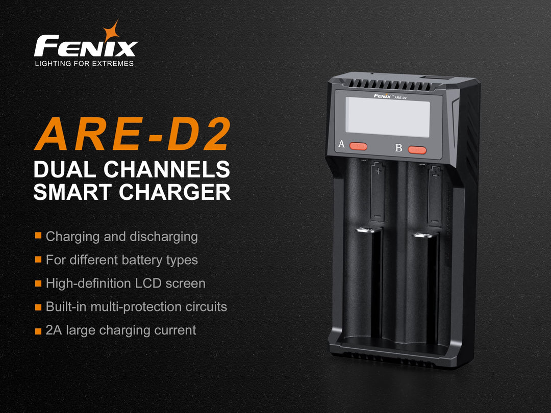 Fenix ARE-D2 battery charger with text explaining its features